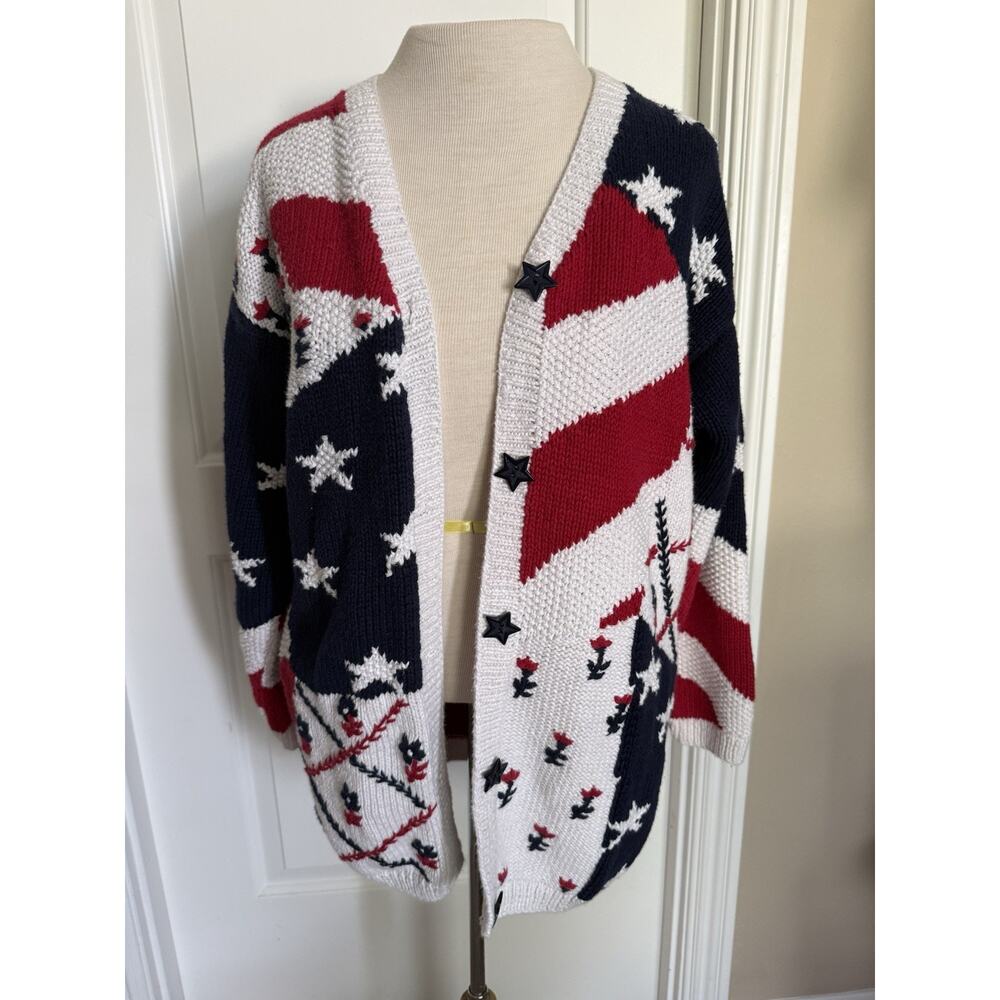 Vintage USA Rare Jennifer Reed Knitted By Hand Cardigan Sweater Red/White/Blue S